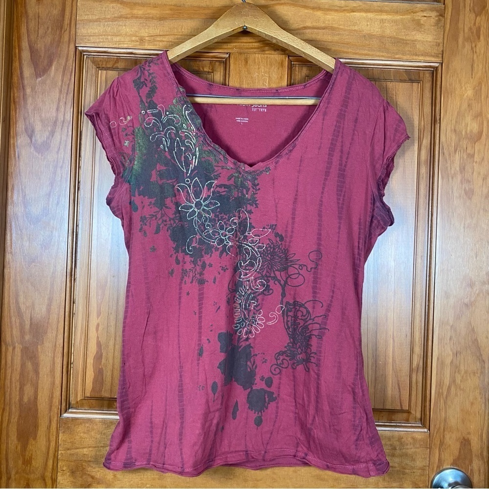 Calvin Klein Jeans Cap Sleeved V-neck Pink Cotton Top with Floral Design